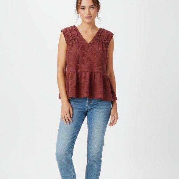 LOFT Womens Smocked Peplum Top Sleeveless Tie Back V Neck Maroon Size M - Picture 1 of 10